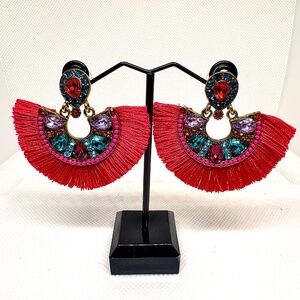 Vintage Bold Boho Fringe Earrings  Multicolor Rhinestones & Red Fan Tassels